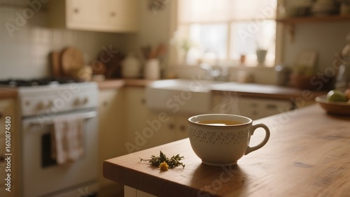 Wallpaper Mural Steaming Cup of Tea on a Wooden Counter in a Cozy Kitchen Torontodigital.ca