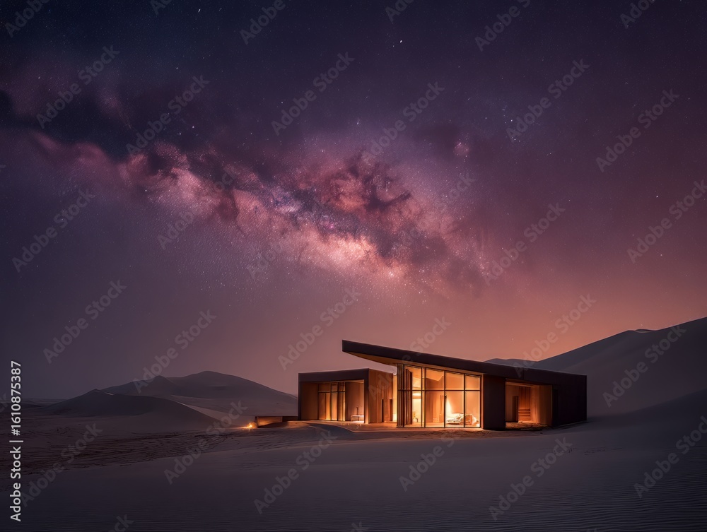 Fototapeta premium Ai generated image of modern cabin illuminated under the vast milky way galaxy in the desert