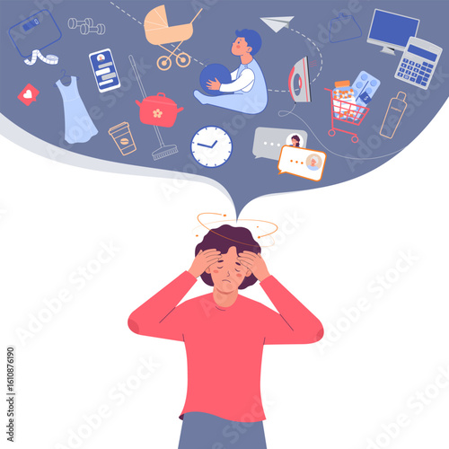 Tense woman whose head is spinning from multitasking. Woman burden with multiple plans, problems and liabilities. Multitasking concept vector illustration.