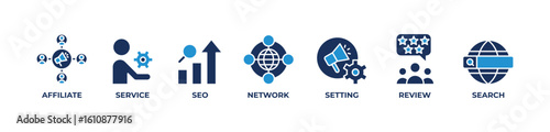 Affiliate Network Solutions Icons set vector illustration with Affiliate, Service,  Seo, Network, Setting, Review, Search