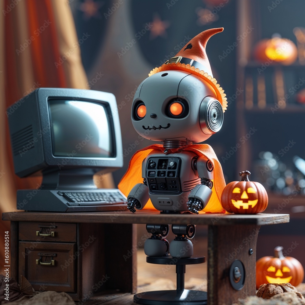 Obraz premium Mini Halloween Robot Figure with Vintage Computer – Ultra Realistic Collectible Toy Scene