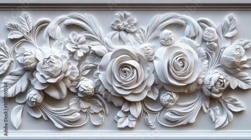 Intricate white floral bas-relief carving, roses, leaves, and swirls in elegant design.