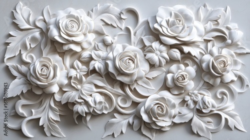 Intricate white rose floral relief sculpture.