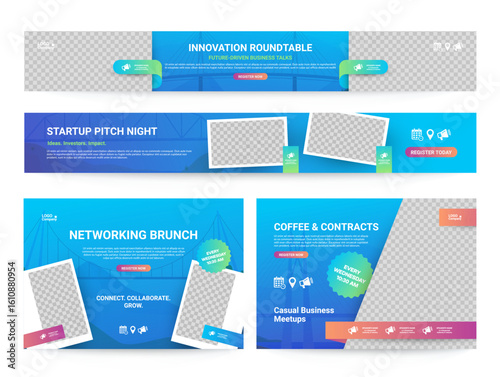 A set of templates for designing business meetings or other events such as presentations, networking brunches and round tables to attract professionals and investors.