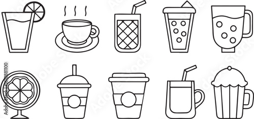 Isolated black beverage and drink vector icons, includes juice, coffee, tea, soda, milk, wine, cocktail, water, editable outline elements for bar, cafe, restaurant designs