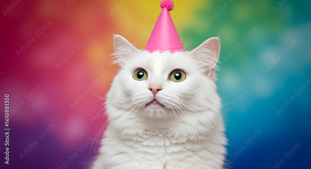 Fototapeta premium White Cat with Pink Party Hat