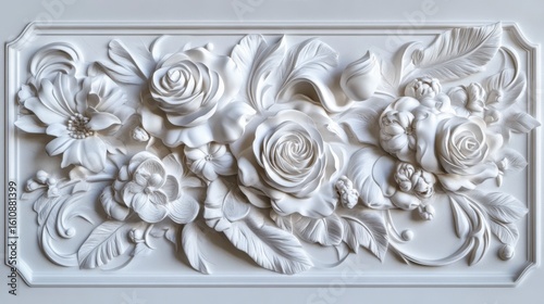 Intricate white floral bas-relief carving, roses, leaves, flowers, elegant design, ornate detail.