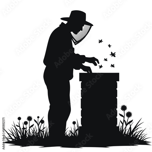 Beekeeper tending hive surrounded by bees and flowers beekeeping apiary