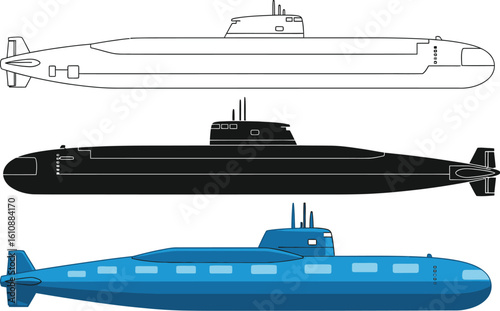 Explore subsurface power with these detailed submarine illustrations, perfect for military or transport concepts.