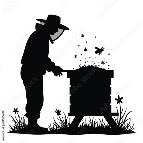 Beekeeper tending hive with bees flying around beekeeping apiary