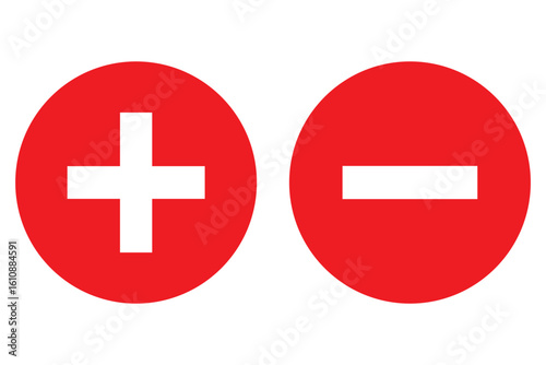 Round plus and minus icons set with different thicknesses. Vector.