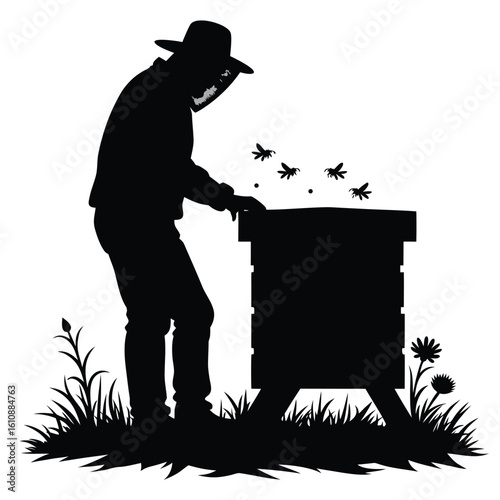 Beekeeper tending hive with flying bees and flowers beekeeping apiary