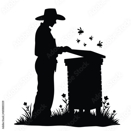 Beekeeper tending hive with flying bees apiary beehive