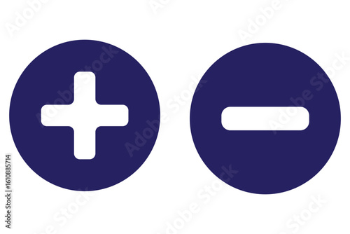 Round plus and minus icons set with different thicknesses. Vector.