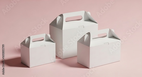 Elegant arrangement of white gable boxes on a soft pink background studio setup