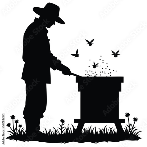 Beekeeper tending hive with flying insects and floral elements apiary beehive