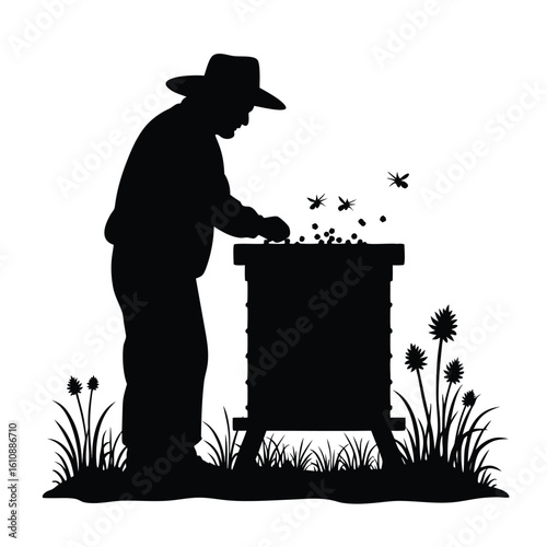 Beekeeper tending hive with flying insects and grass bees apiary