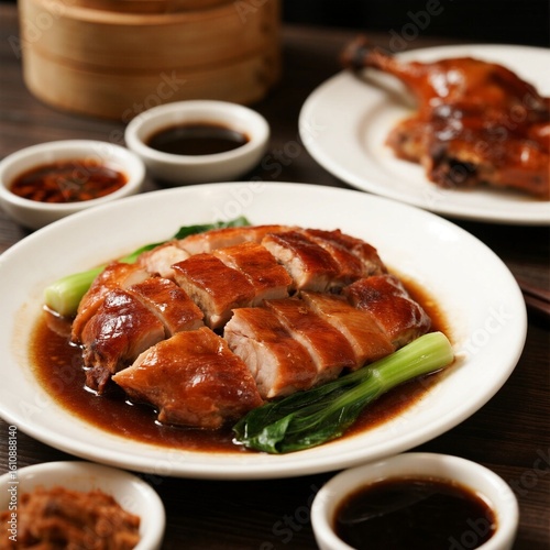 The roast goose pieces are neatly placed on a large white porcelain plate