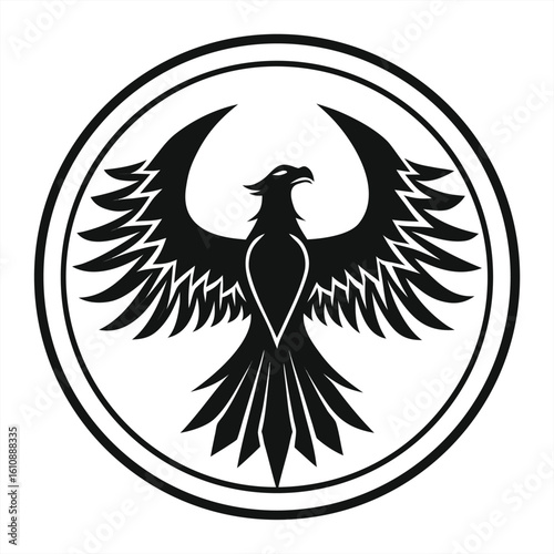 Silhouette of archaeopteryx in circle badge.