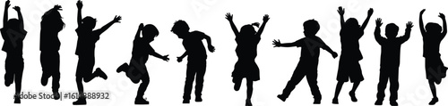CAD drawing flat vector illustration of children silhouettes, jumping and playing, side view poses, fun movement, childhood energy, joyful kids, outdoor activity layout, vector design