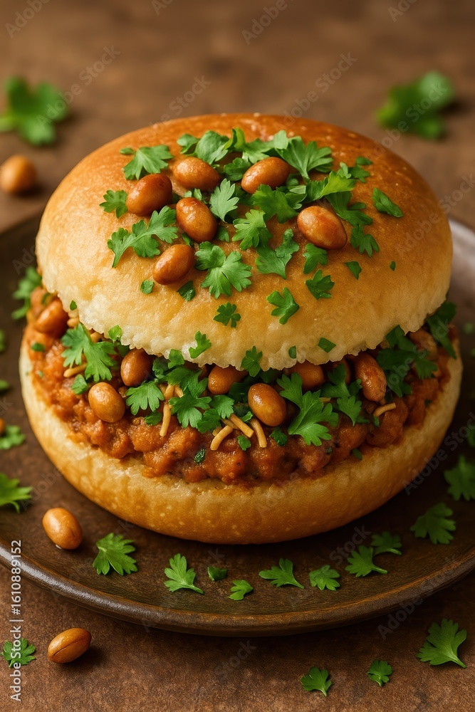 Spiced Dabeli bun filled with savory stuffing, topped with peanuts and herbs, authentic Indian snack served fresh and flavorful Spiced Dabeli bun filled with savory stuffing, topped with peanuts and herbs, authentic Indian snack served fresh and flavorful
