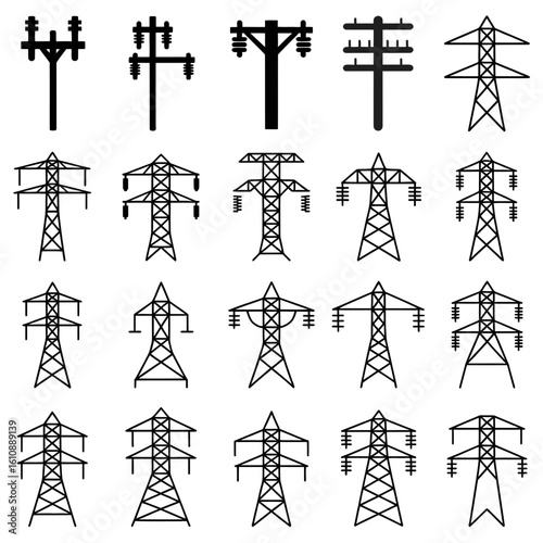 electric, tower, power, line, icon, vector, transmission, pole, electricity, grid, pylon, highvoltage, energy, infrastructure, utility, structure, industrial, cable, silhouette, black, voltage, distri