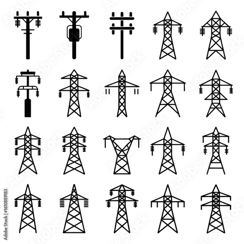electric, tower, power, line, icon, vector, transmission, pole, electricity, grid, pylon, highvoltage, energy, infrastructure, utility, structure, industrial, cable, silhouette, black, voltage, distri