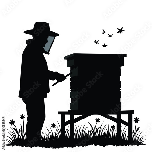 Beekeeper tending to a stacked beehive surrounded by grass and flying insects beekeeping bees