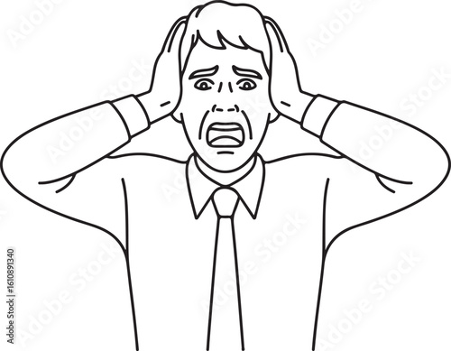 Distressed Businessman Reacting Distressed Businessman Reacting to Loud Noise – Vector Emotional Line Art Illustration