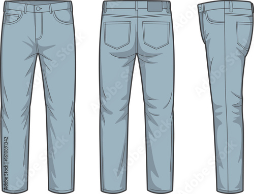 CAD drawing flat vector illustration of classic denim jeans, front back side view, fashion design, apparel sketch, pocket details, technical garment drawing template