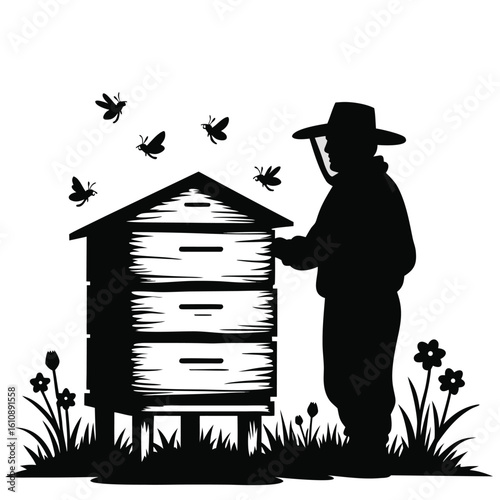 Beekeeper tending to beehive with flying insects and flowers bees apiary