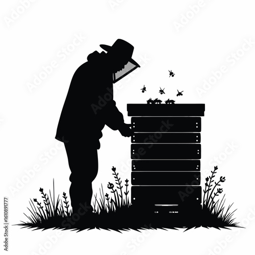 Beekeeper tending to beehive with flying insects beekeeping apiary