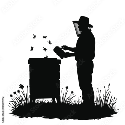 Beekeeper tending to hive surrounded by buzzing bees and wildflowers apiary beehive
