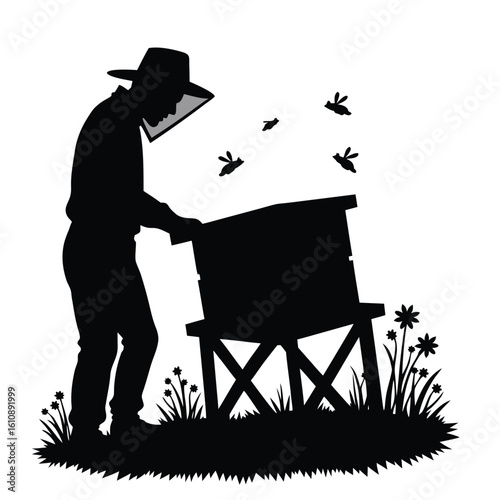 Beekeeper tending to hive surrounded by buzzing bees and wildflowers beekeeping apiary
