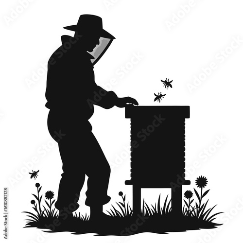 Beekeeper tending to hive with bees and flowers apiary beehive