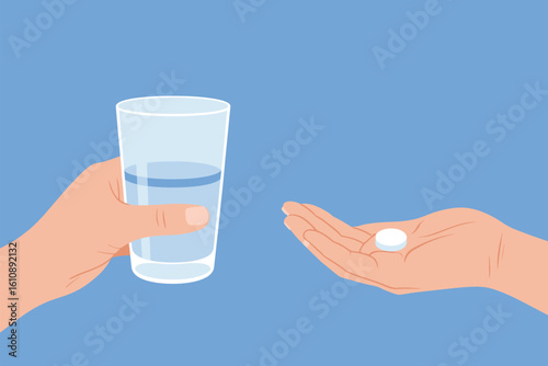 Person holding a glass of water and a pill in their hand