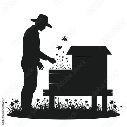 Beekeeper tending to hive with bees and flowers beekeeping apiary