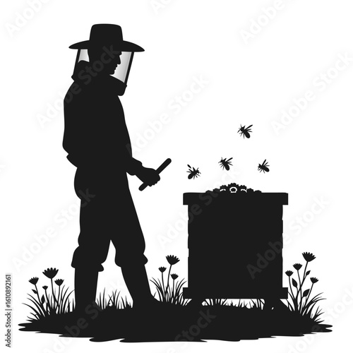 Beekeeper tending to hive with bees and flowers beekeeping insects