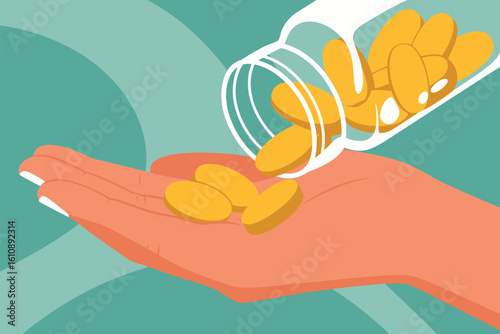 Hand receiving yellow pills from a transparent bottle