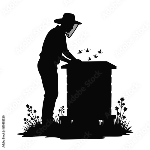 Beekeeper tending to hive with bees and flowers beekeeping apiary