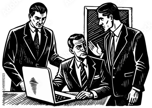 Woodcut Style Boss Supervising Employee at Computer


