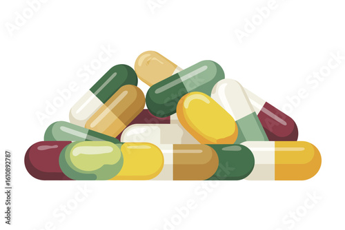 Pile of colorful medication capsules on a white background