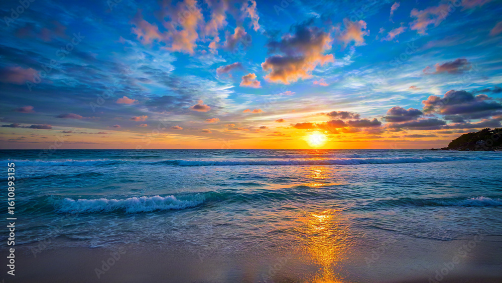 Fototapeta premium Beautiful sunset and waves at sea