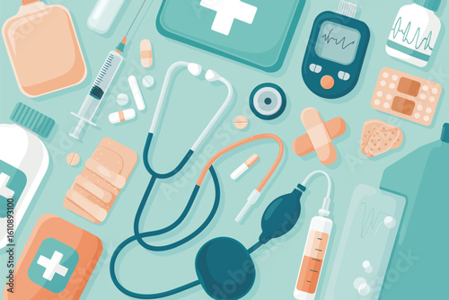 Flat lay of medical supplies and equipment for healthcare and wellness