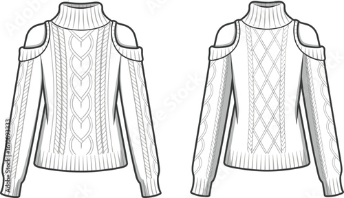 CAD drawing flat vector illustration of cold shoulder sweaters, cable knit and diamond pattern, front view fashion sketch, cozy winter garment design, stylish knitwear apparel template