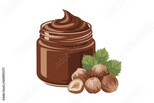 Jar of delicious chocolate hazelnut spread with whole hazelnuts and leaves