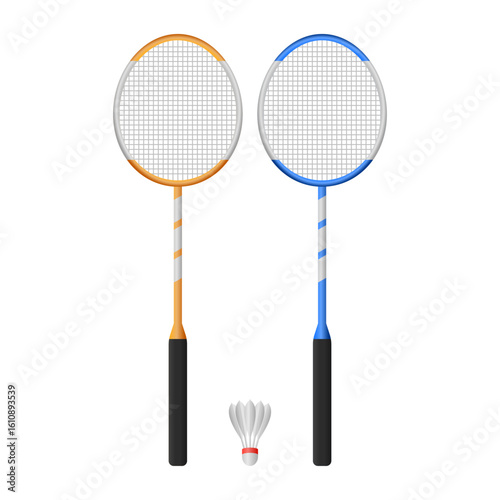 Badminton Rackets and Shuttlecocks Indoor Sports Vector. Two Badminton Rackets and Shuttlecocks on a White Background.