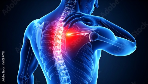 Anatomical rendering of a male figure experiencing upper back and shoulder pain, highlighted by red