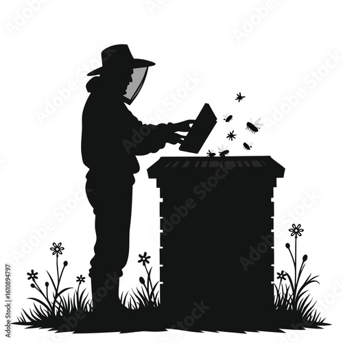 Beekeeper tending to hive with flying bees and flowers apiarist beekeeping
