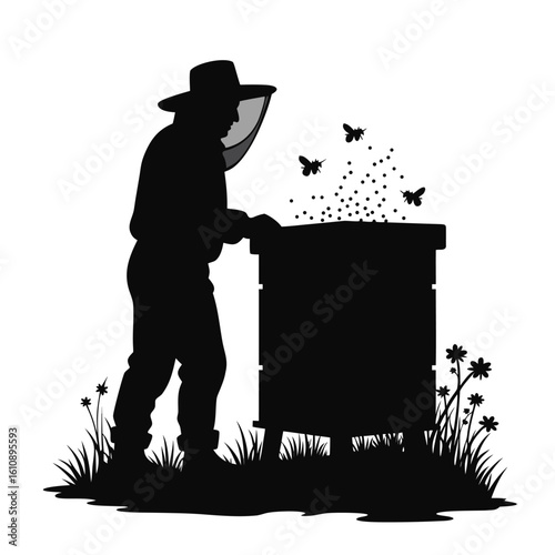 Beekeeper tending to hive with flying bees and flowers beekeeping apiary